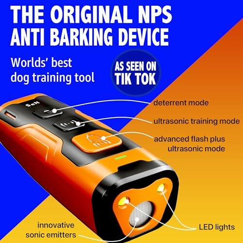 Anti-barking device with multiple training modes and LED lights, highlighting the device's advanced technology and features.