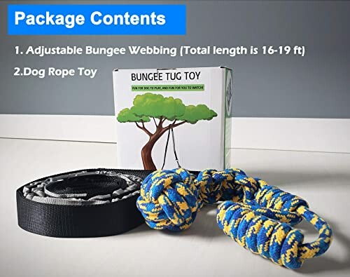 Bungee tug toy package contents with adjustable bungee webbing and dog rope toy.