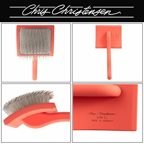 Chris Christensen dog brush with orange handle and metal bristles.