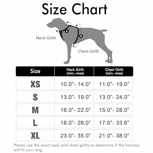 Dog harness size chart with neck and chest girth measurements.