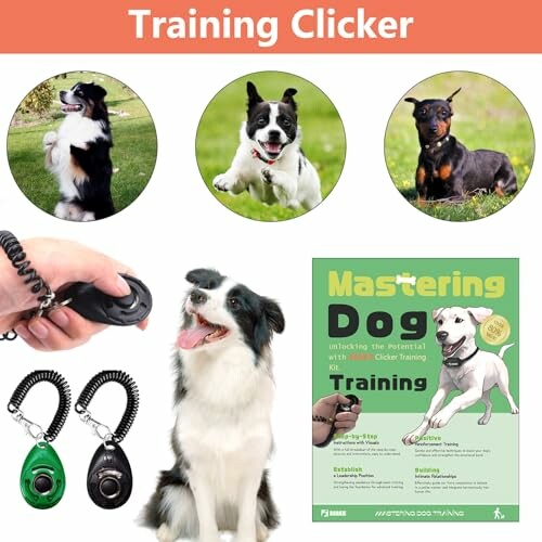 Dog training clicker set with dogs and instruction manual.