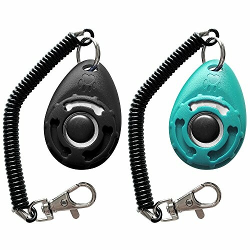 Two dog training clickers with coiled wrist straps, one black and one teal.