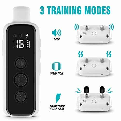 Dog training collar remote with three modes: beep, vibration, adjustable levels.