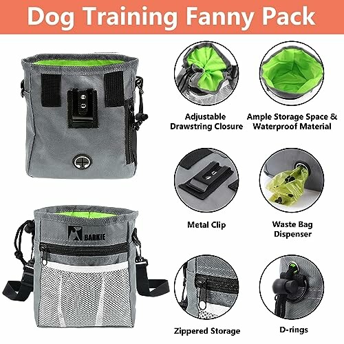 Dog training fanny pack with features like adjustable drawstring, ample storage, waterproof material, metal clip, waste bag dispenser, zippered storage, and D-rings.