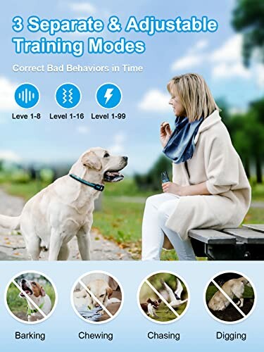 Woman training dog with adjustable training modes, featuring levels for barking, chewing, chasing, and digging.