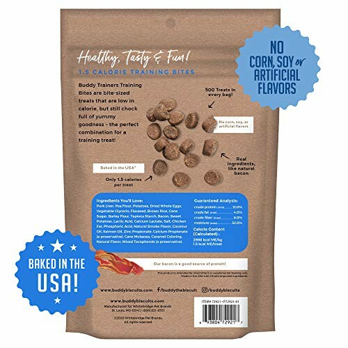 Back of dog training treats bag with nutritional info and benefits.