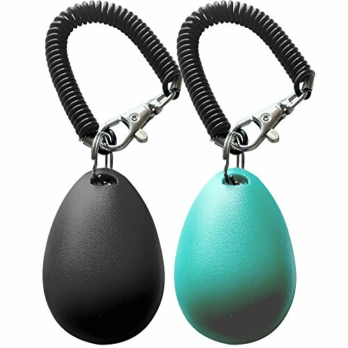 Two egg-shaped keychains with coiled wristbands, one black and one teal.