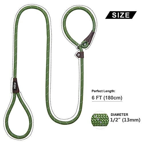 Green dog leash with size details, 6 feet long, 1/2 inch diameter.