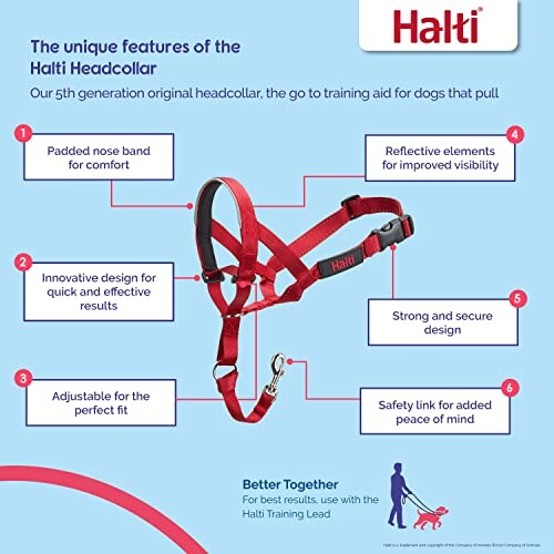 Halti Headcollar features infographic with six unique characteristics.