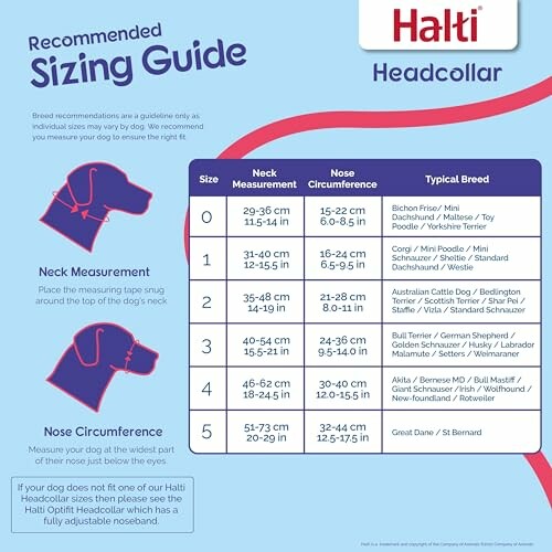 Halti headcollar sizing guide for dogs with neck and nose measurements.