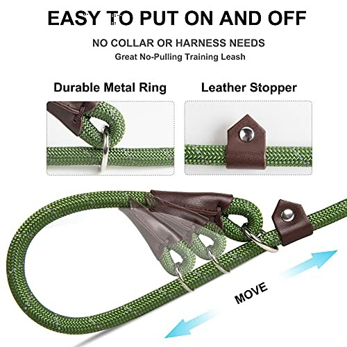 Green dog leash with metal ring and leather stopper, easy to put on and off.