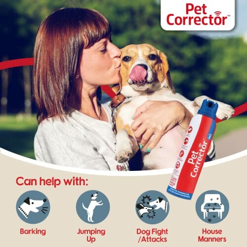 Woman holding a dog with Pet Corrector spray in foreground, listing benefits for training.