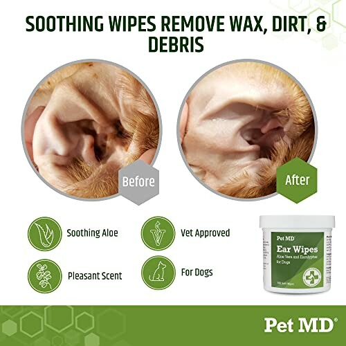 Pet MD ear wipes for dogs, showing before and after results with soothing aloe and pleasant scent.