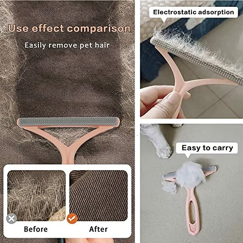 Pet hair removal tool demonstrating before and after use on fabric.