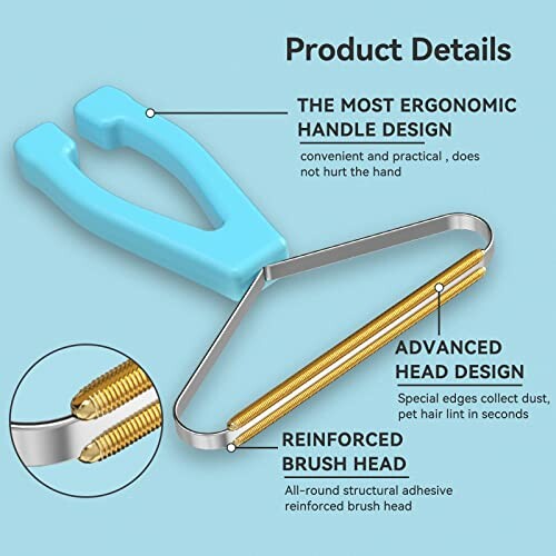 Blue ergonomic pet hair remover tool with advanced head design.