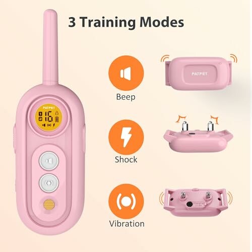 Pink dog training collar with remote control and three modes: beep, shock, and vibration.