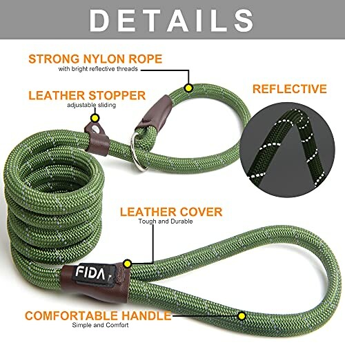 Detailed view of a green reflective nylon dog leash with leather stopper and comfortable handle.